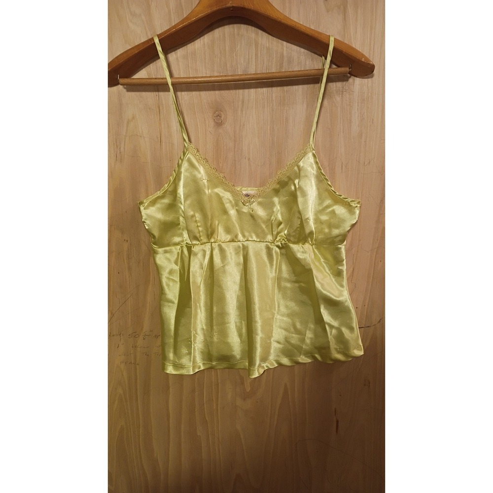 Jolinesse Satin Camisole Top Lime Green Lace Trim Bow  Babydoll Fairycore Medium